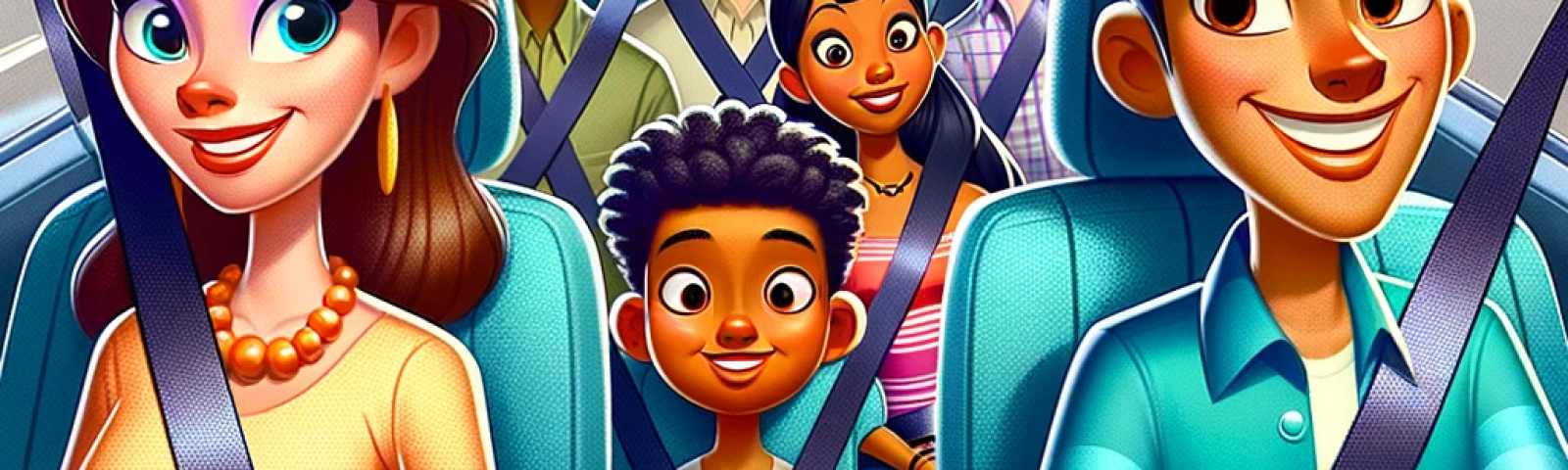 DALL·E 2023-12-02 14.27.36 - A cartoon-style, colorful image depicting a diverse group of animated characters in a car, all wearing seatbelts. The driver is a middle-aged Caucasia