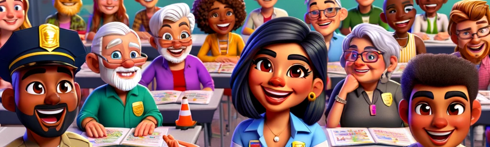 DALL·E 2023-12-02 14.32.22 - A cartoon-style, colorful image depicting a diverse group of animated characters in a fun and vibrant traffic school environment. The image shows a ch