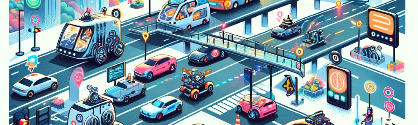 DALL·E 2023-12-02 15.06.32 - A cartoon-style, colorful square image showcasing the future of driving with new technologies. The image features a futuristic cityscape with a divers